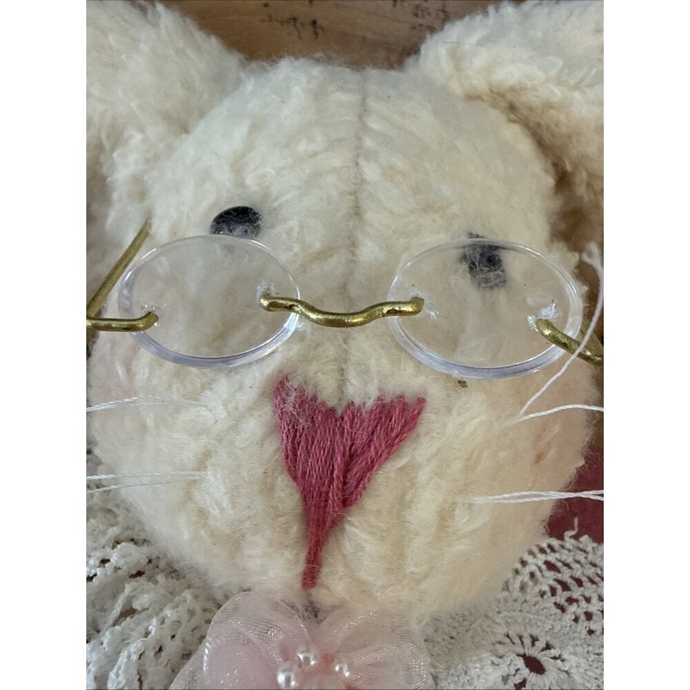 2 Vintage Handmade Bunnies Rabbits Plush Stuffed Animal 15”/9” Wool Lace Glasses - Picture 6 of 16